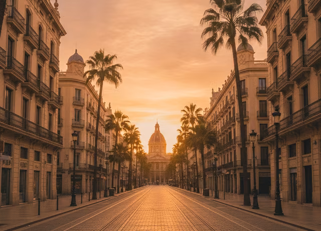 Mediterranean street in Valencia at sunset