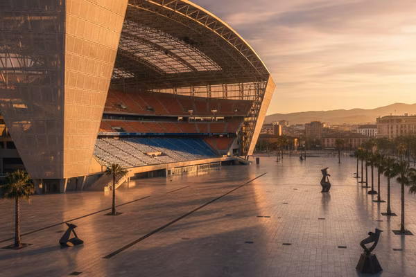 Stadium exterior at golden hour